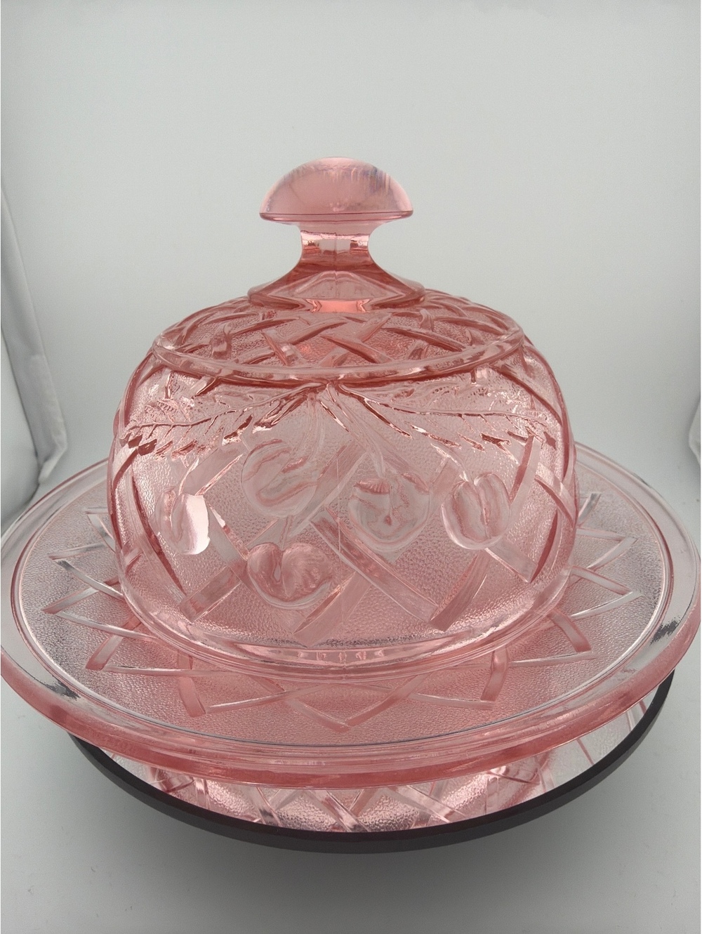 Vtg Mosser pink glass cherry lattice butter dome